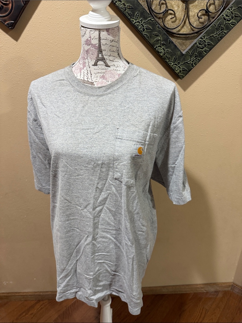 Carhartt Men's Short Sleeve Pocket Tee in Heather Gray with Gold Logo
